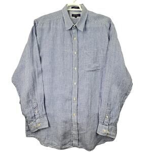 Alan Flusser Men’s Blue White Gingham Check Button-Front Shirt 100% Linen XL‎